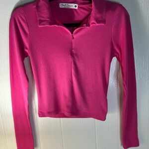 Cloud Dancer • Pink Quarter-Zip Ribbed Long Sleeve Top Size M Medium